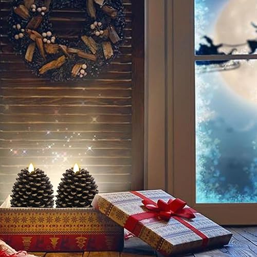 Miniatura 7 de Wondise- 2 velas parpadeantes sin llama en forma de piña cera real, con temporizador, funcionan con pilas para decoración de interiores de Navidad