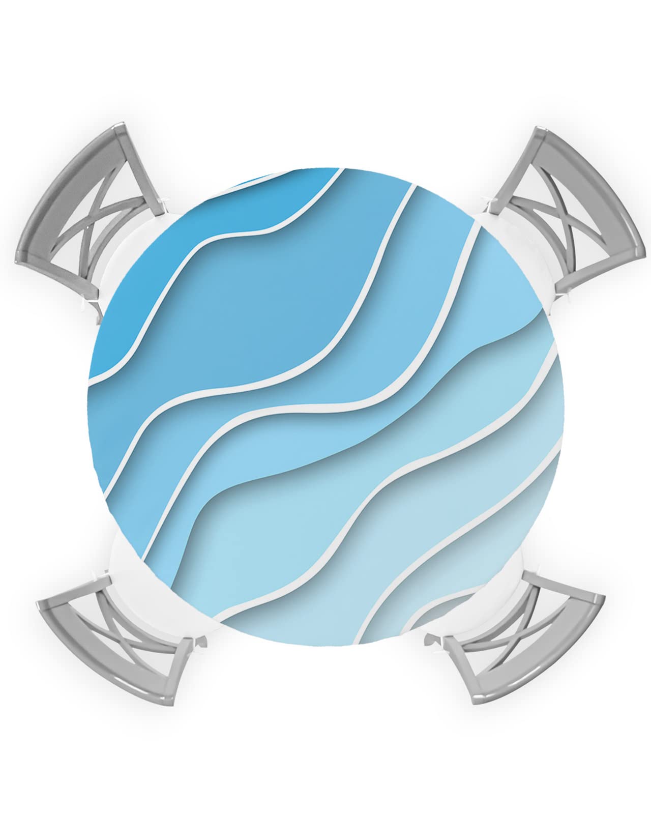 Geometric Ombre Round Fitted Table Cover, Waterproof Aesthetic Blue White Gradient Abstract Elastic Edged Tablecloth, Wipeable Oil Proof Modern Table