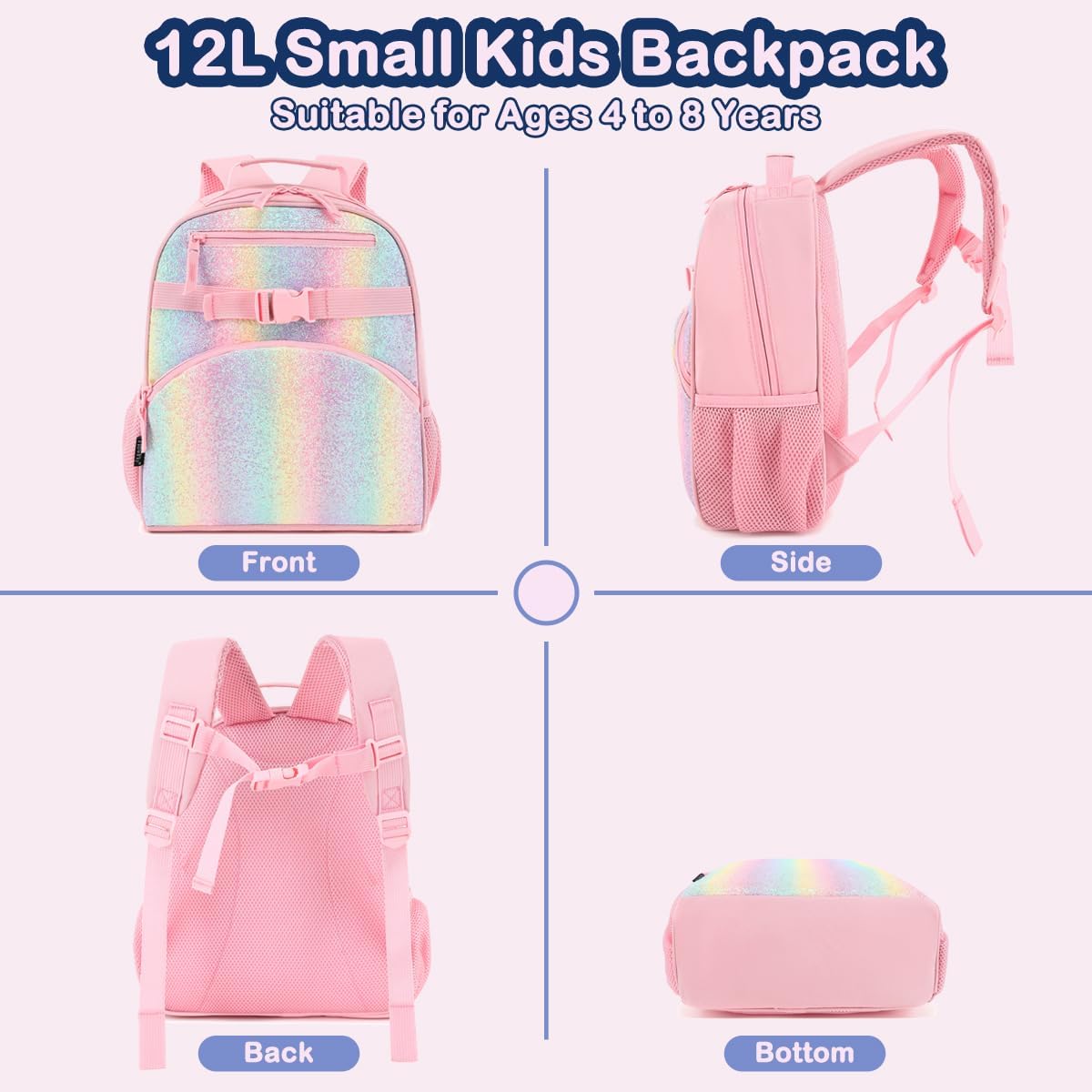FlowFly Kids Backpack for Toddler Boys Girls, Simple Lightweight Bookbag for Daycare Kindergarten Elementary School Travel, Small Modern Bag (Medium 15'', Glitter-Rainbow) - Image 5