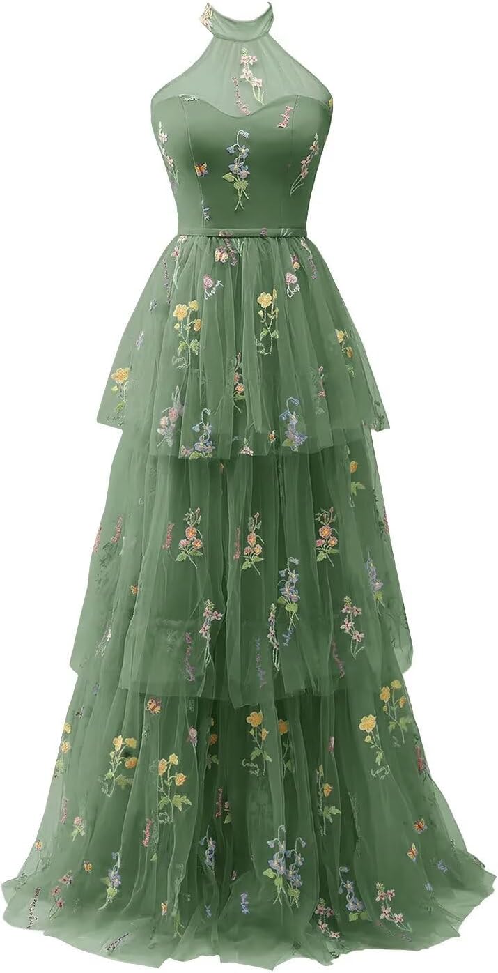 Cudiew Flower Embroidery Tulle Prom Dress for Women Halter Formal Floral Party Gowns Floor Length