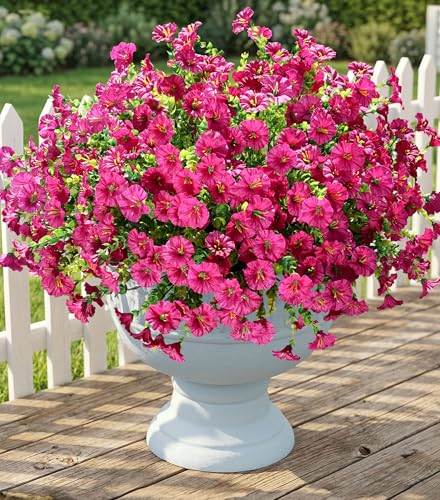 Artificial Flowers Fake Plants for Outdoors Decoration, 12 Bundles Silk Morning Glory with Eucalyptus Realistic UV Resistant Fuchsia Faux Flowers for Outside Planter Yard Patio Garden Home Indoor Urn