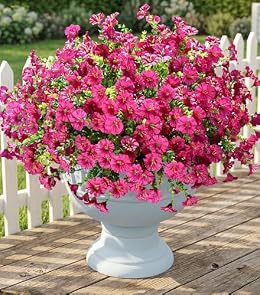 Artificial Flowers Fake Plants for Outdoors Decoration, 12 Bundles Silk Morning Glory with Eucalyptus Realistic UV Resistant Fuchsia Faux Flowers for Outside Planter Yard Patio Garden Home Indoor Urn