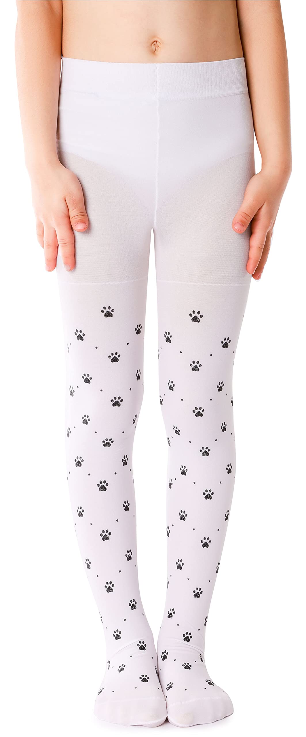 Noq Girls Pav Pav Bianco Children Thin Tights With Beautiful Print Patterned Pantyhose 40 Den School Dance Ceremony Casual, 4-5 Years (104-110)