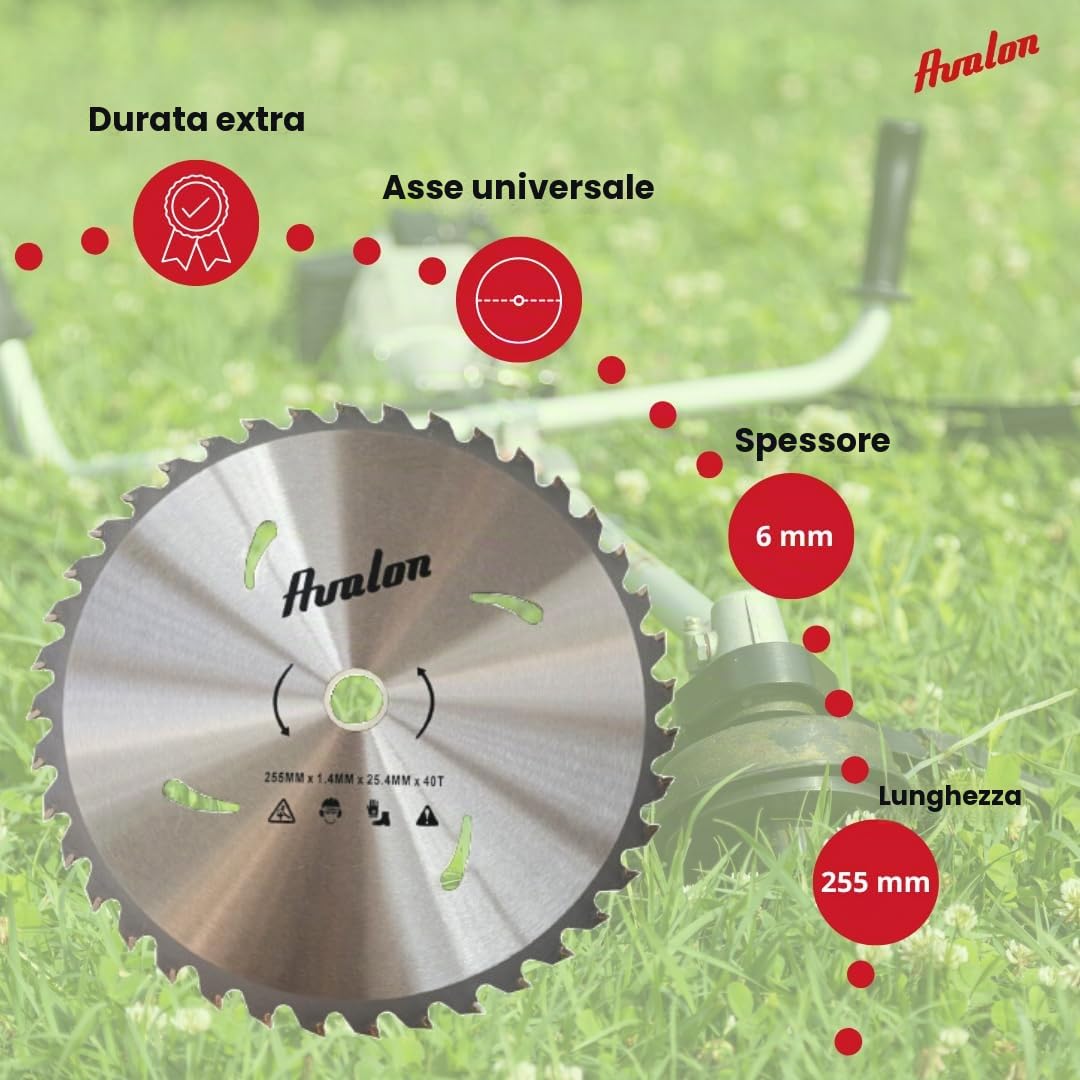 Avalon Pro - Disco professionale da 40 denti per decespugliatore, lama speciale per steli legnosi 255 x 1,4, lunghezza dente di widia 6,0 mm
