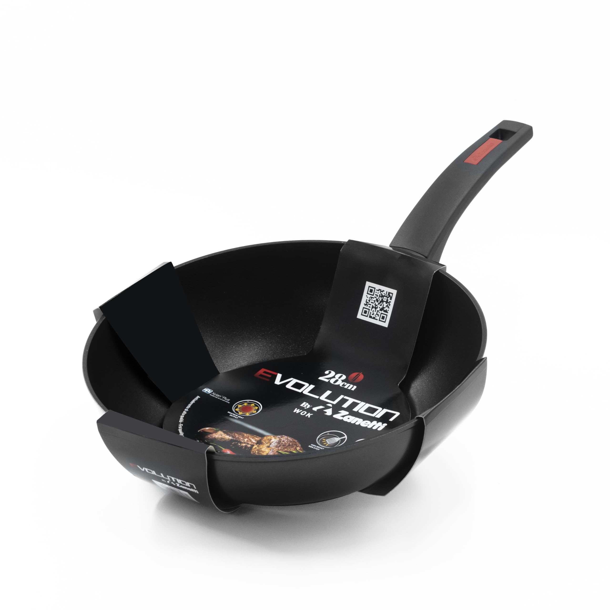 Zanetti Evolution Wok per Induzione, Diametro 28 cm, Padella con Fondo Antiaderente, Alto Spessore, Impugnatura Comoda, Nero