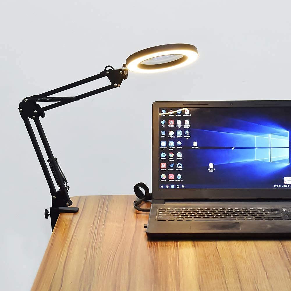Lampa powiększająca z zaciskiem, 5-krotne powiększenie, płynne ściemnianie, 3 tryby kolorów, 10 poziomów jasności, metalowe ramię obrotowe LED do majsterkowania, lutowania