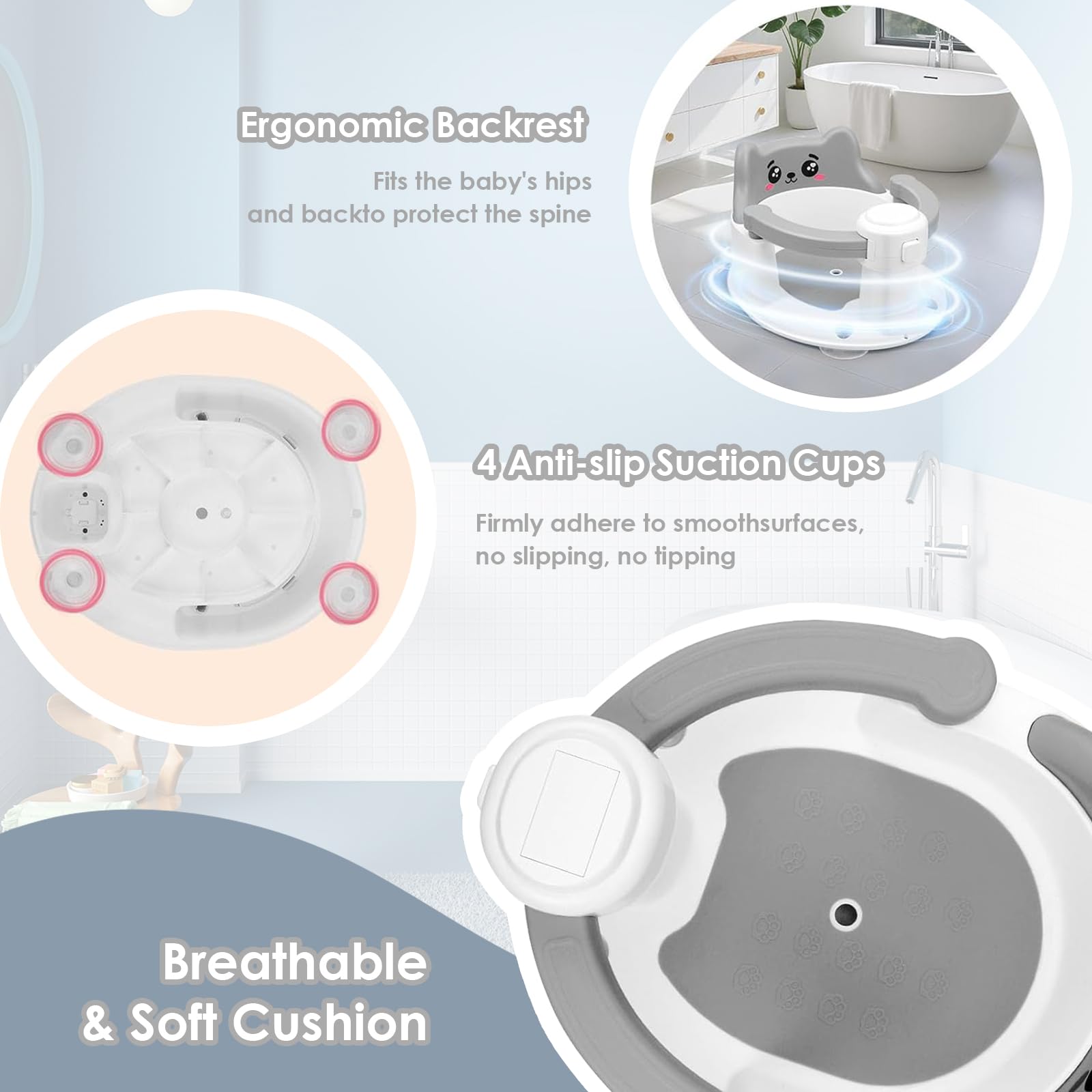 Siège de Bain Bébé avec 4 Ventouses Antidérapantes, Portable et Sécurisé pour Douche ou Baignoire