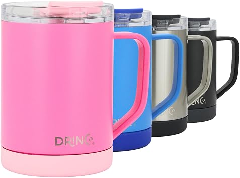 Drinco 16 oz Coffee Mug, Vacuum Insulated Camping Mug with Lid, Double Wall Stainless Steel Travel Mug Insulated Tumblers Coffee Mugs Coffee Cups Tea Cup 16oz Island Pink