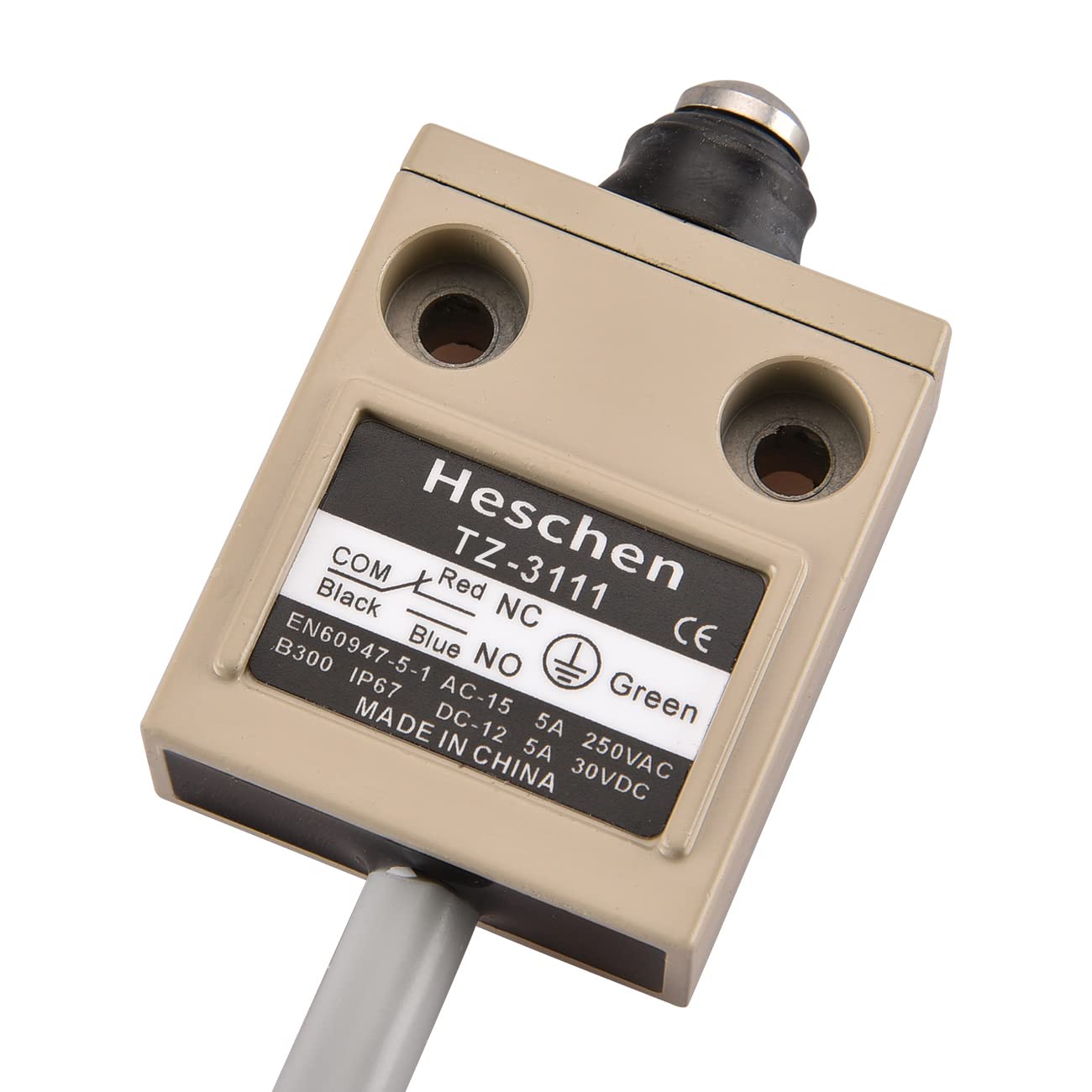 Heschen Commutateur de fin de course pré-câblé compact TZ-3111 avec piston étanche SPDT NO + NC momentané AC 250 V 5 A IP67 étanche