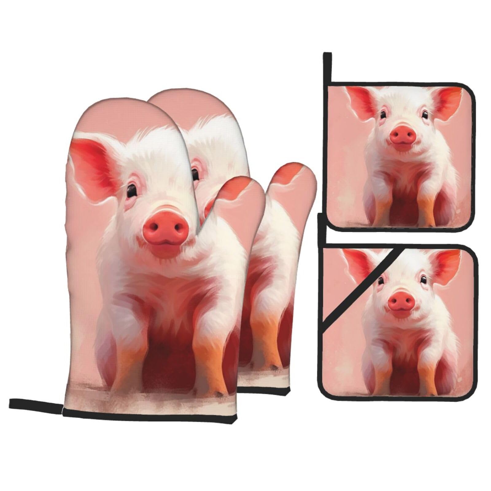 Oven Mitts and Pot Holders Set of 4 Heat Resistant Non-Slip Kitchen Gloves Hot Pads Hand Drawn Pig Oven Mitts Kitchen Mittens Gloves Non-Slip Potholders for Cooking Baking Grilling BBQ
