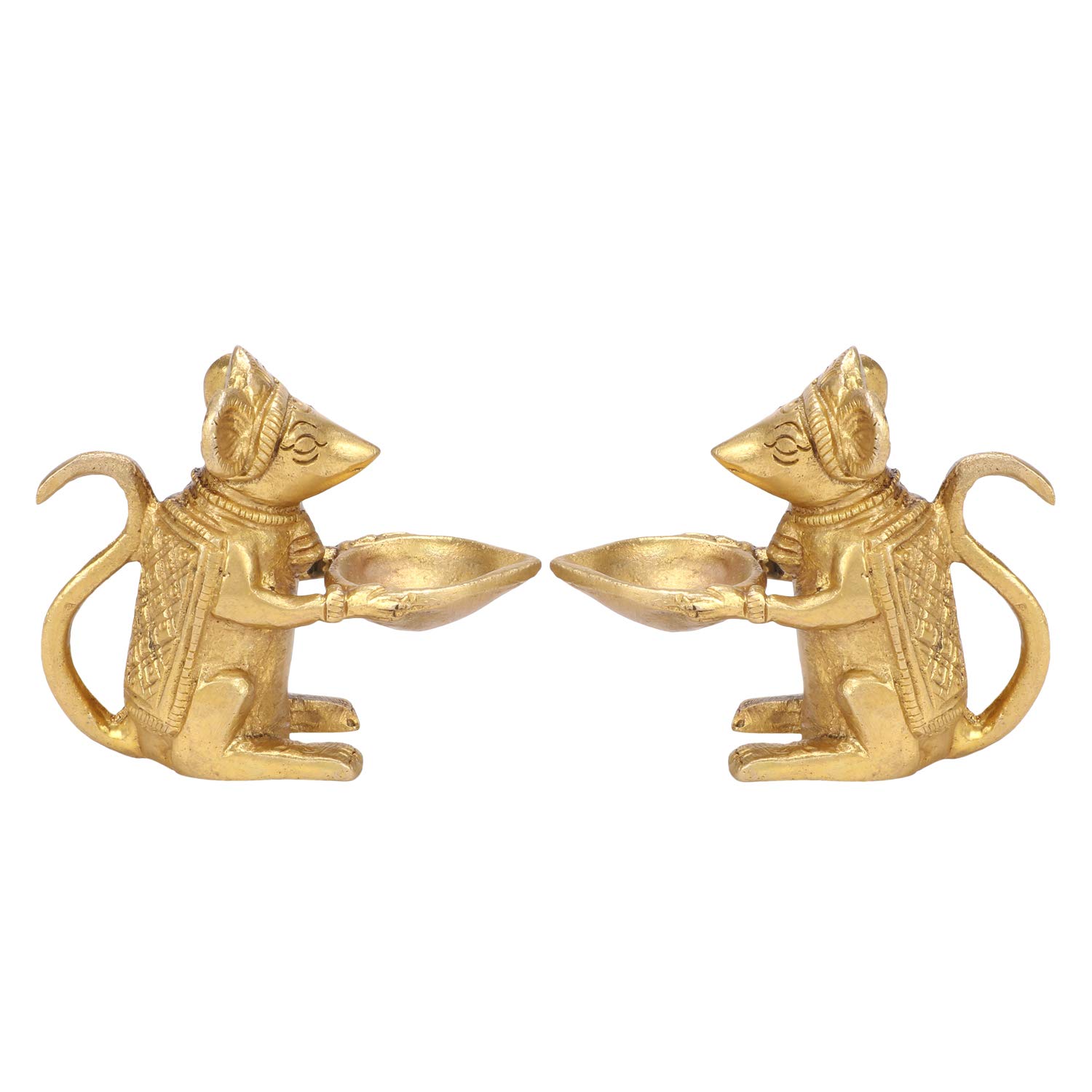 Kartique Brass Ganesha Mooshak Diya Idol - 3 Inches Tall, Decorative Oil Lamp Murti for Home and Temple ( 2 Pcs)