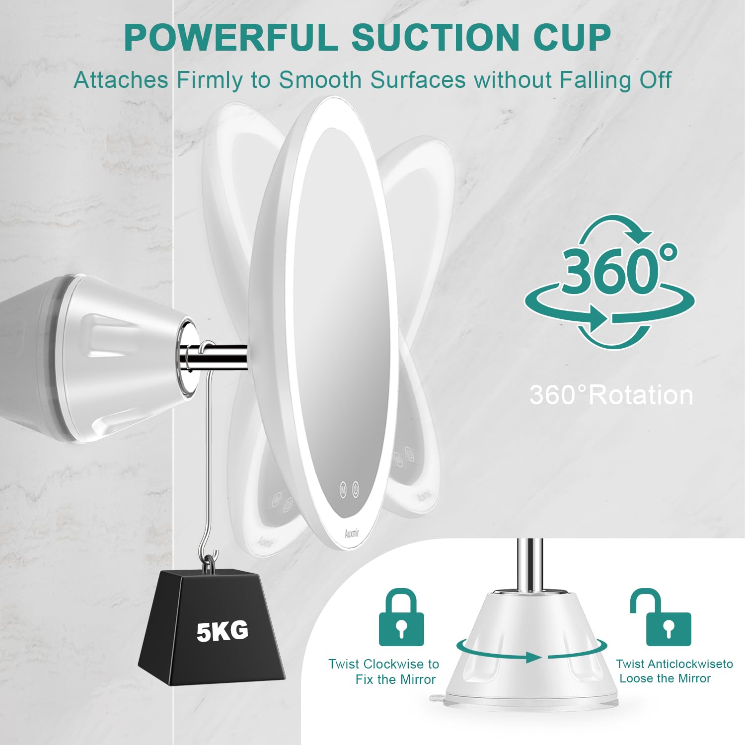 Auxmir Powiększające lustro do makijażu x10 ze światłami LED podświetlane przenośne lusterko łazienkowe, lustro z przyssawką obracane o 360°, białe