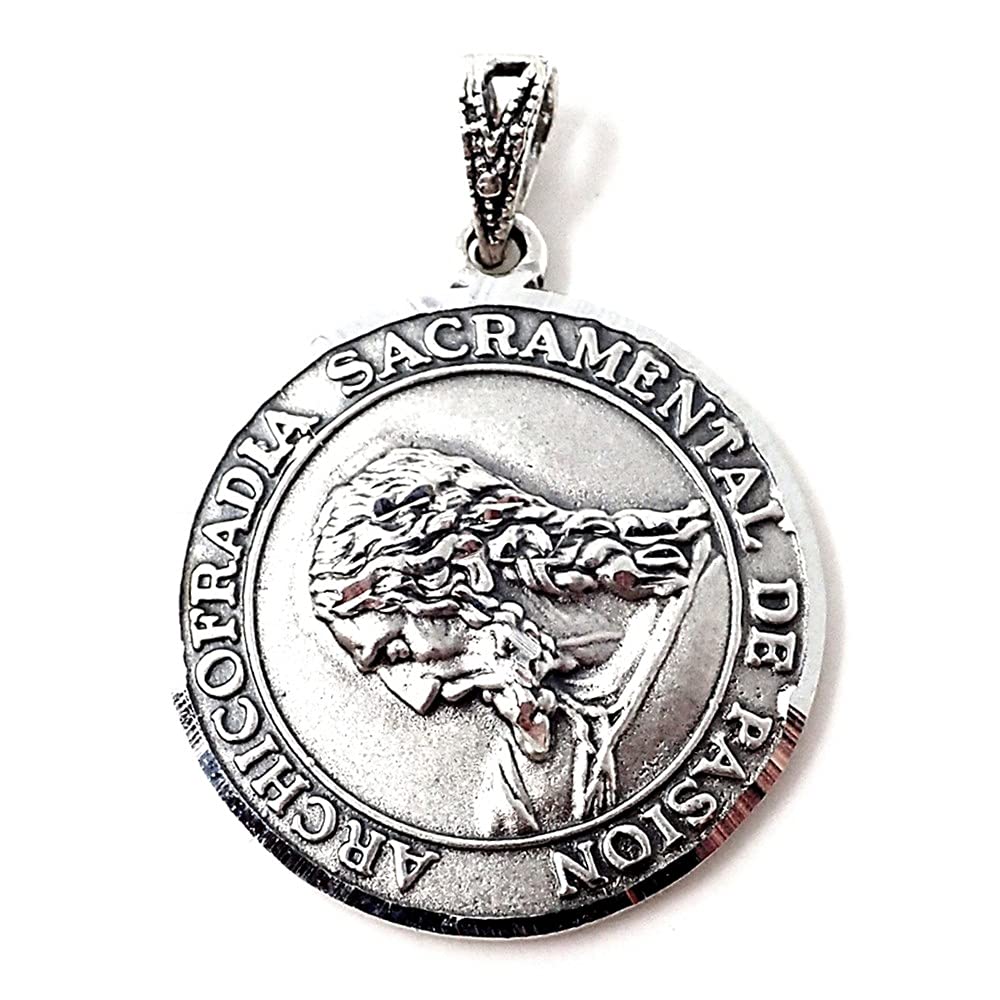 Medalla Cristo Archicofradía Sacramental Pasión plata Ley 925m maciza 24 mm. escudo doble cara Hermandad Sevilla