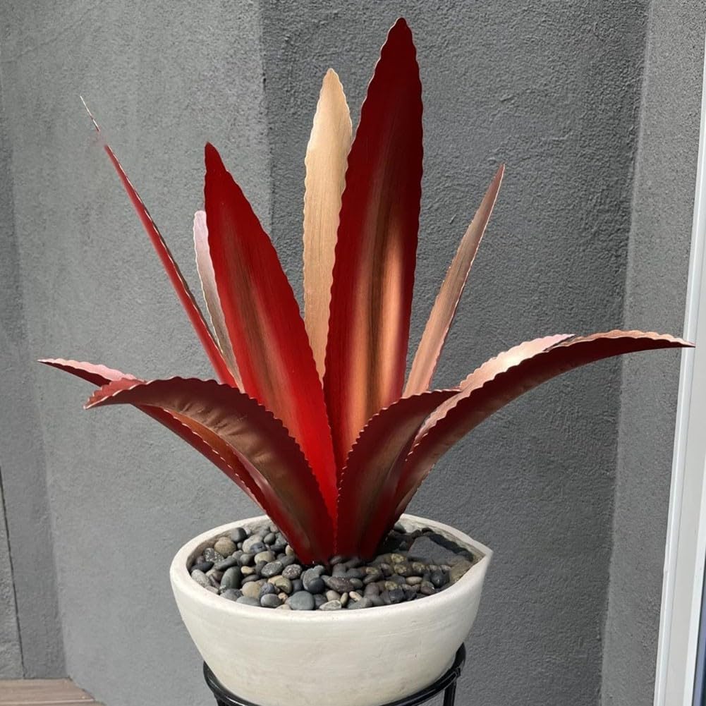 Decorazione per esterni in agave di ferro per giardino e patio, scultura in metallo con viti a forma di H sicure per stabilità e finitura resistente alle intemperie (rosso con asta ad H)