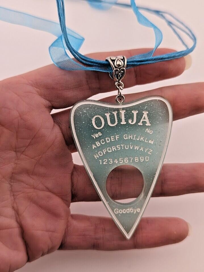 Generic Aqua Blue Glitter Ouija Planchette Pendant on Organza Ribbon & Cord Choker spirit board gothic necklace2