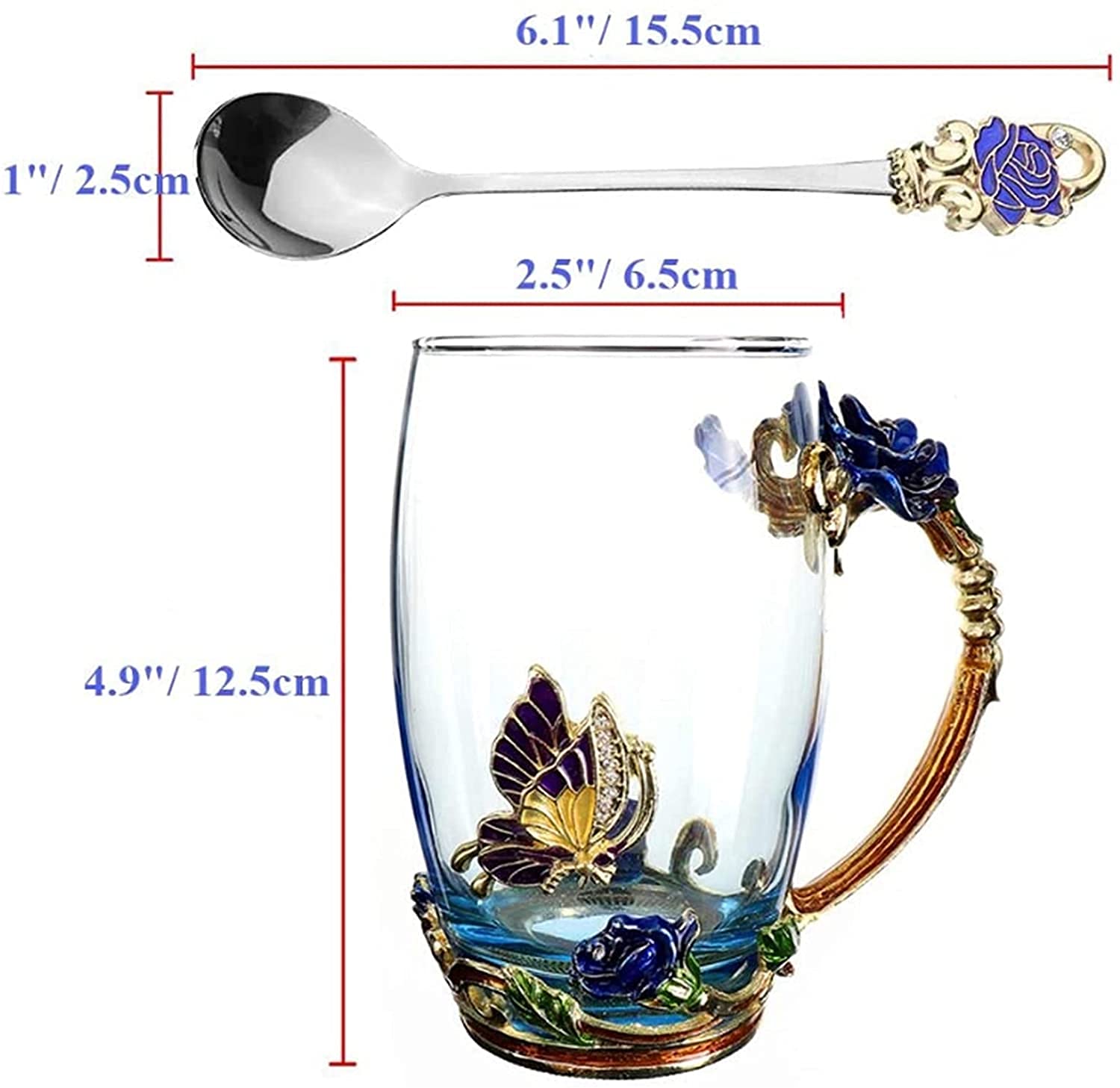Kaffeetassen aus Glas mit Blumenmotiv, Emaille-Glastasse, Emaille-Blumen-Teeglas, Kaffeetasse, Glastasse, Teetasse aus blauem Rosen-Emaille-Kristall, Kaffeetassen aus Glas mit Blumenmotiv, Schmetterli
