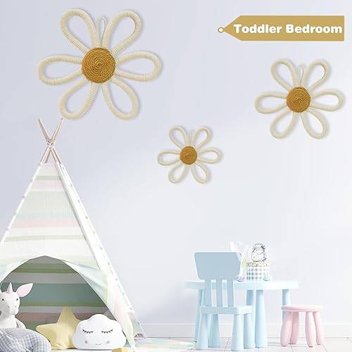 Miniatura 4 de 6 piezas de decoración de pared bohemia con margaritas, flores tejidas para colgar en la pared, decoración floral bohemia beige con cordón para