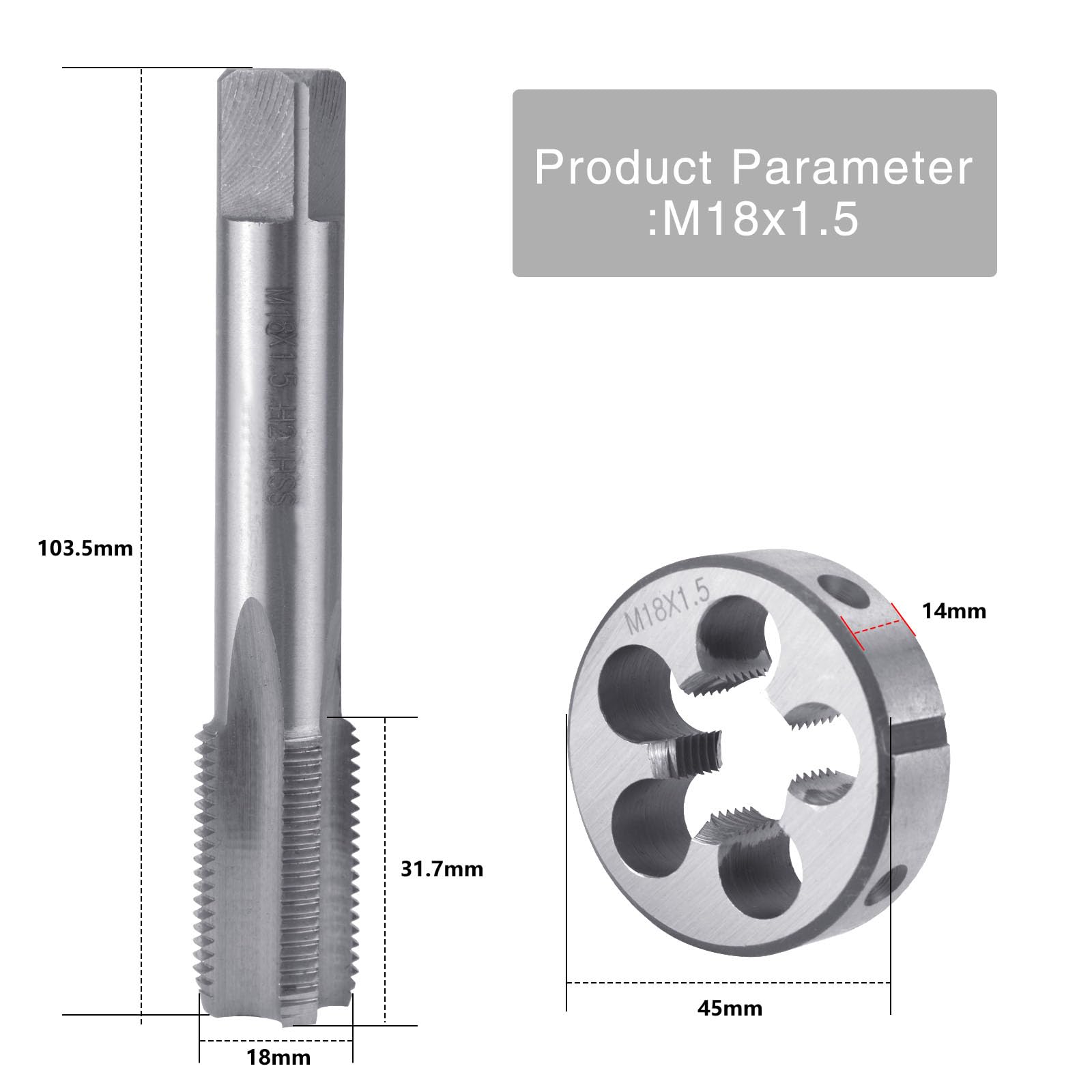 BIGP Maschio Filettato M18 X 1,5, Filettatura Metrica e Maschio, Set di Maschio e Filiera HSS, Maschio a Mano Passo Destro, Strumenti per Filettatura per La Lavorazione del Legno e del Metallo