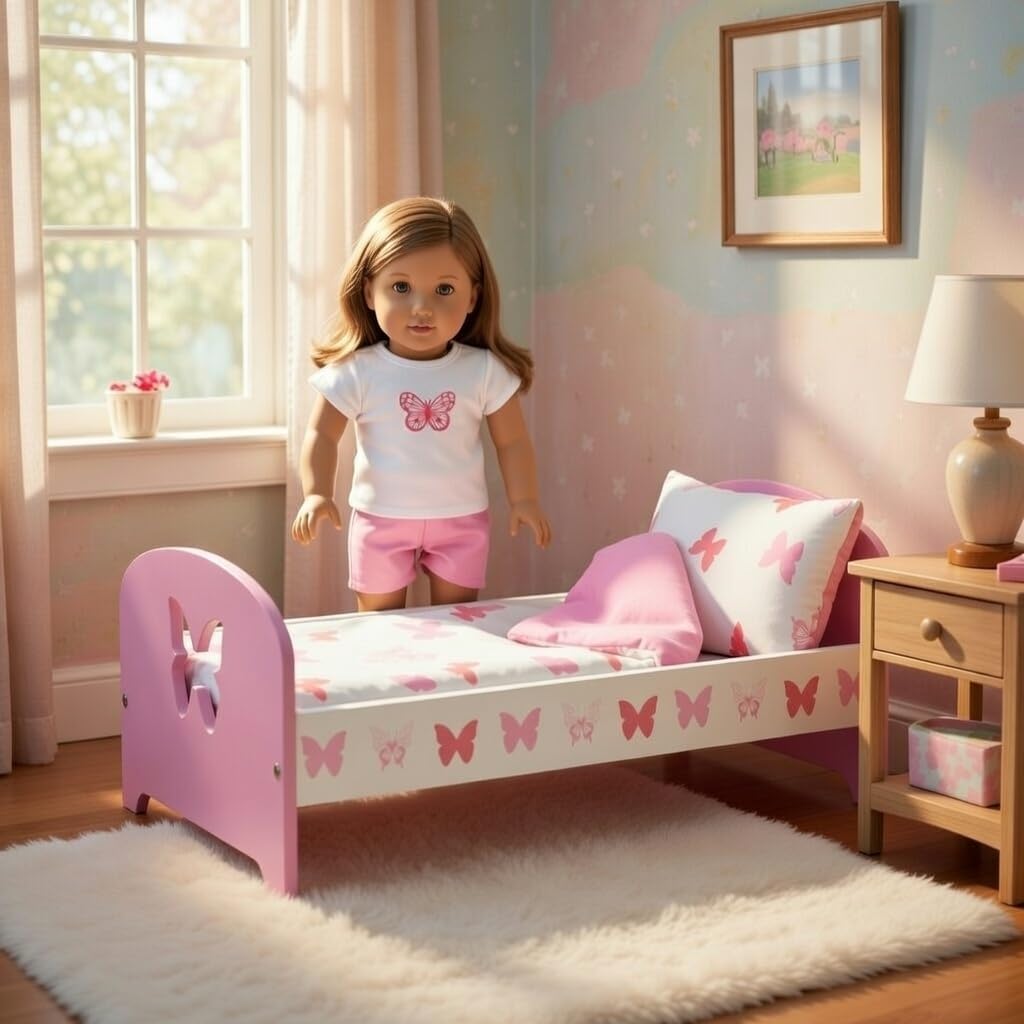 Emily Rose 18 Inch Doll Bed - Pink Wooden Butterfly Doll Bedroom Furniture with Reversible Bedding Set, Mattress, Pillow & Matching Doll Pajamas - Fits American Girl Dolls - Complete Gift Set