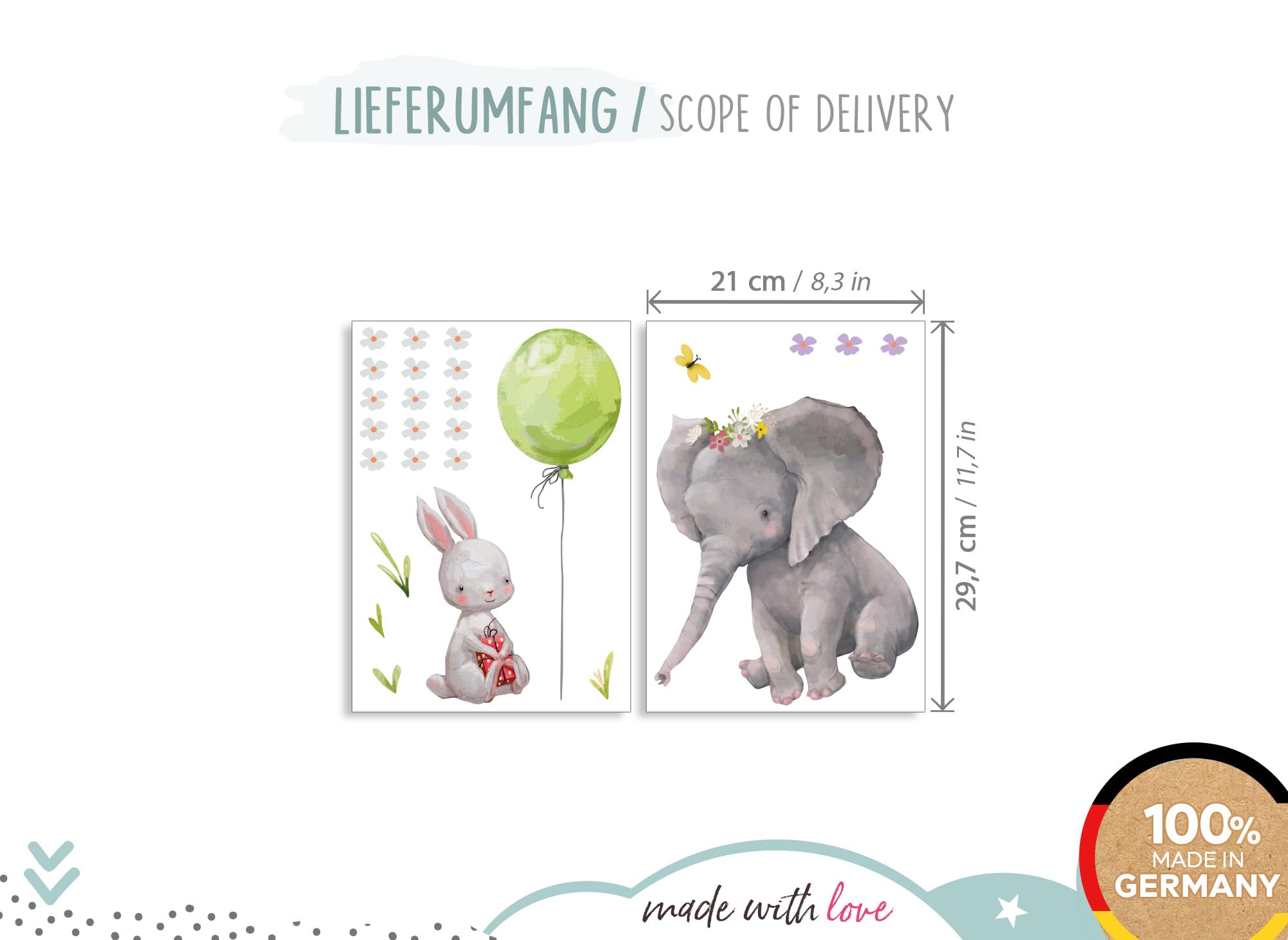Little Deco DL891-4 - Adesivo da parete per cameretta dei bambini, motivo: elefante, palloncino, nuvole, blu