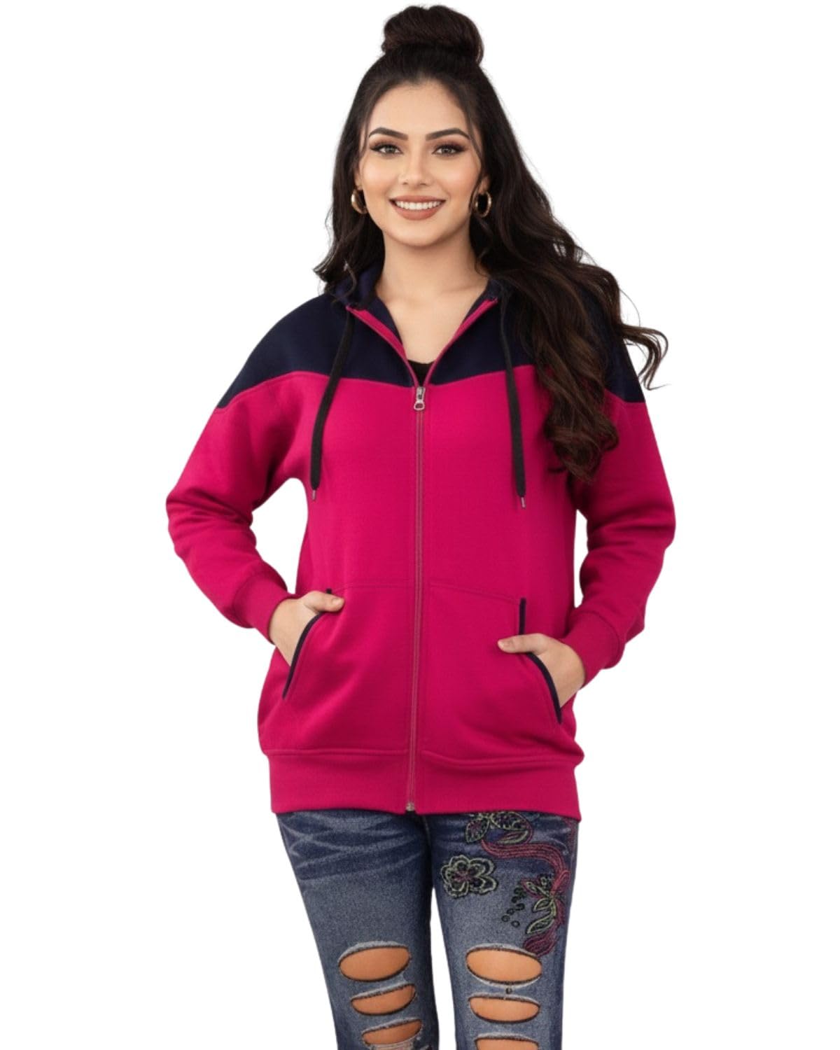 Women Wool Hooded Zip Closure Full Sleeve Winter Sweatshirt and Contrast Yoke with Front Pockets Design-picture-51