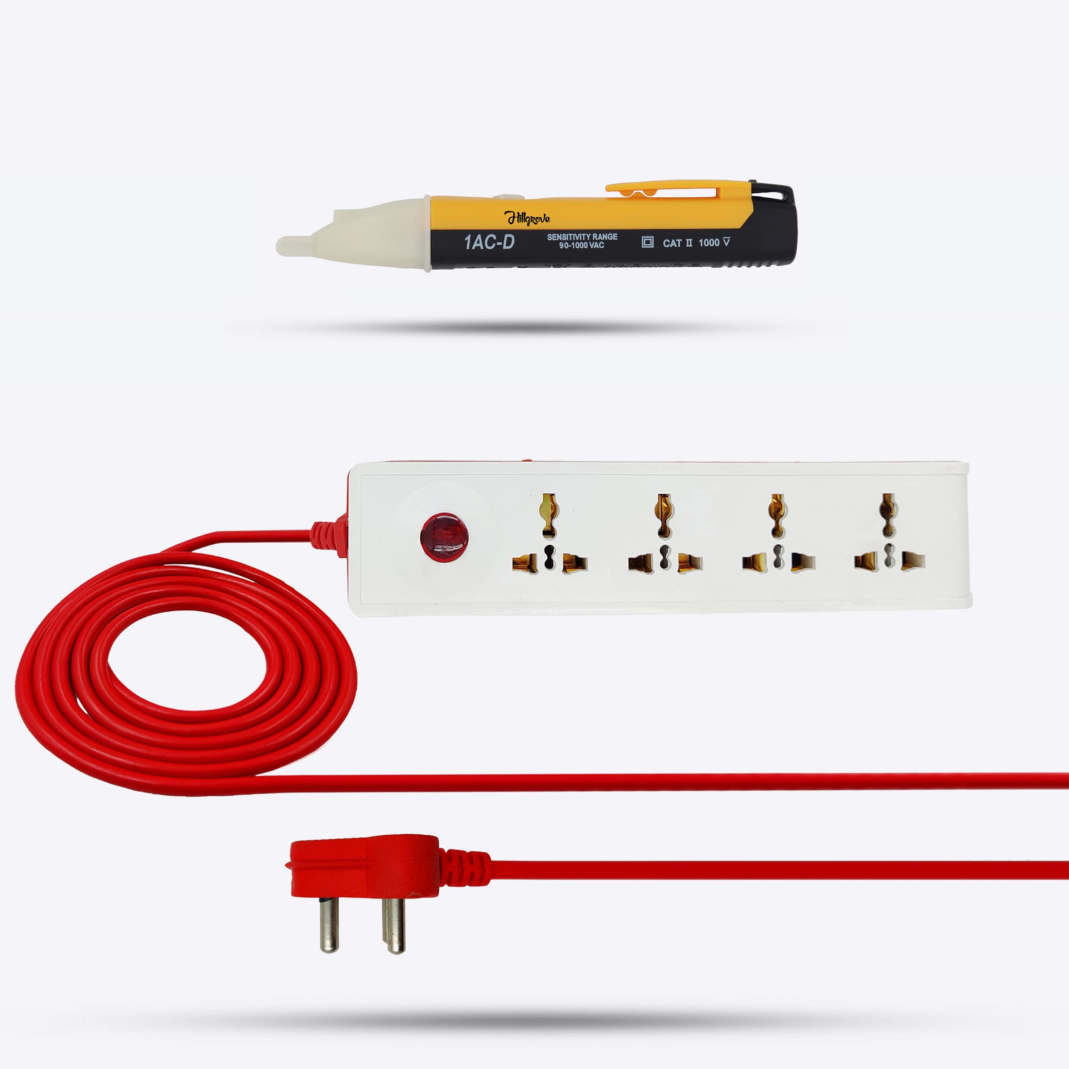 hillgrove hgcm303m2 power extension board with 4 universal socket and 1 switch with non-contact volatge tester &5 meter long cable surge protector for home/computer/fridge 4 socket extension boards