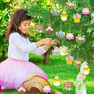Marsui 24 pcs easter ornaments for tree happy easter wooden hanging ornaments egg bunny spring tree decorations gnome chick wood slices pendant with rope for home spring party decoregg  urban country home decor