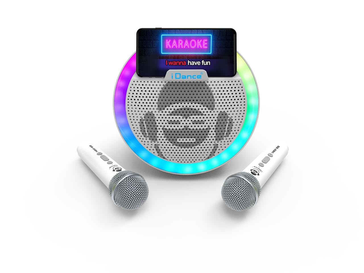 Altavoz Bluetooth con 2 micrófonos - Karaoke portátil - Tamaño 25 cm - Batería Recargable de Larga duración - Luces de Discoteca - Soporte para móvil - Compatible con Youtube y Spotify - para Fiesta