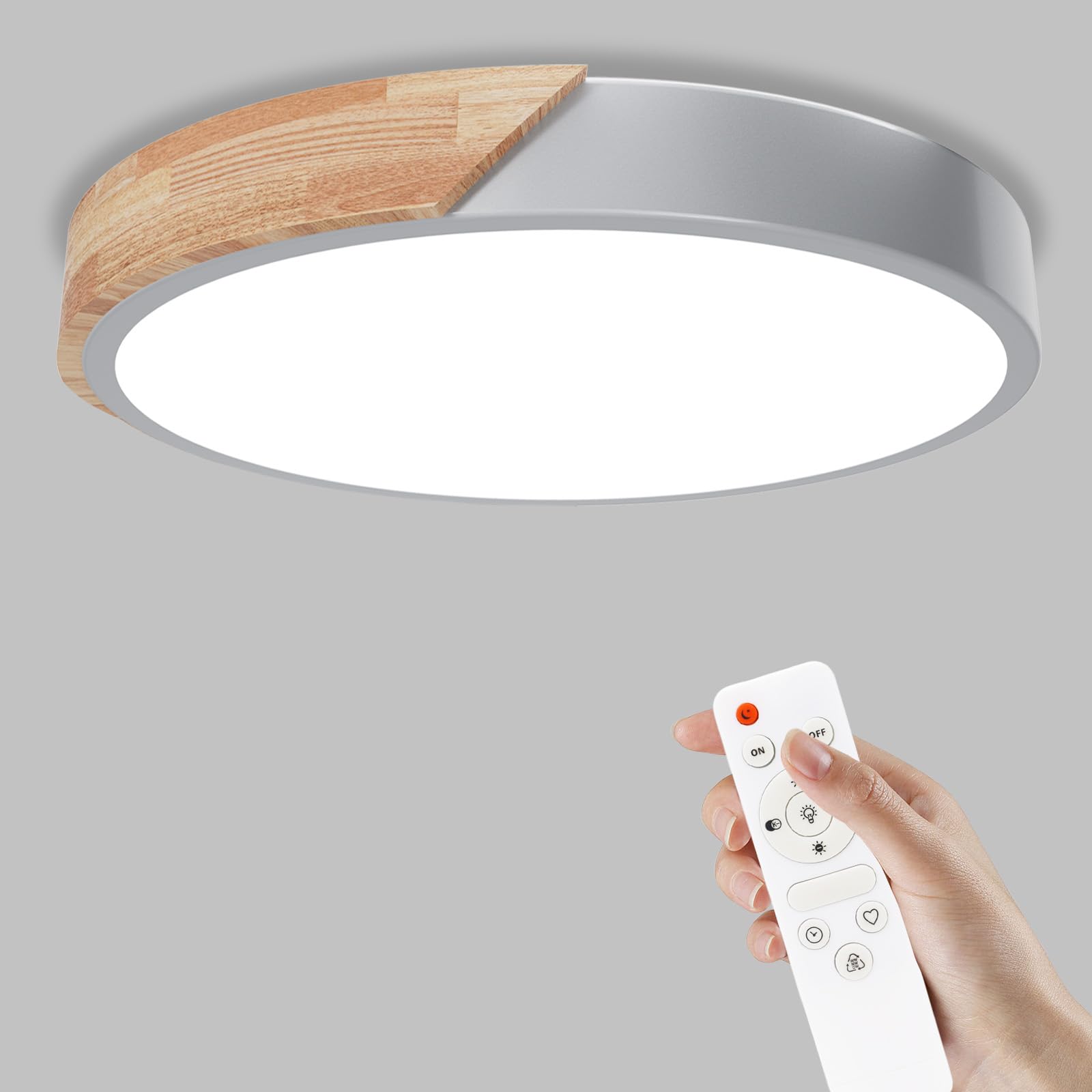 Yexati Ceiling Light Wood, Dimmable Ceiling, 3200LM 6000K/4000K/3000K IP44, Remote Controlled Led Ceiling Light, 32W Modern Light Fixture for Living Room, Bedroom and Hallway, 30CM, Gray
