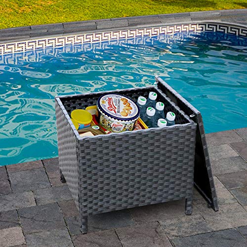 Outdoor Pe Wicker Side Table With Storage Patio Resin Rattan End Table Square Container For Furniture Covers, Toys And Gardening Tools Black #TOP1