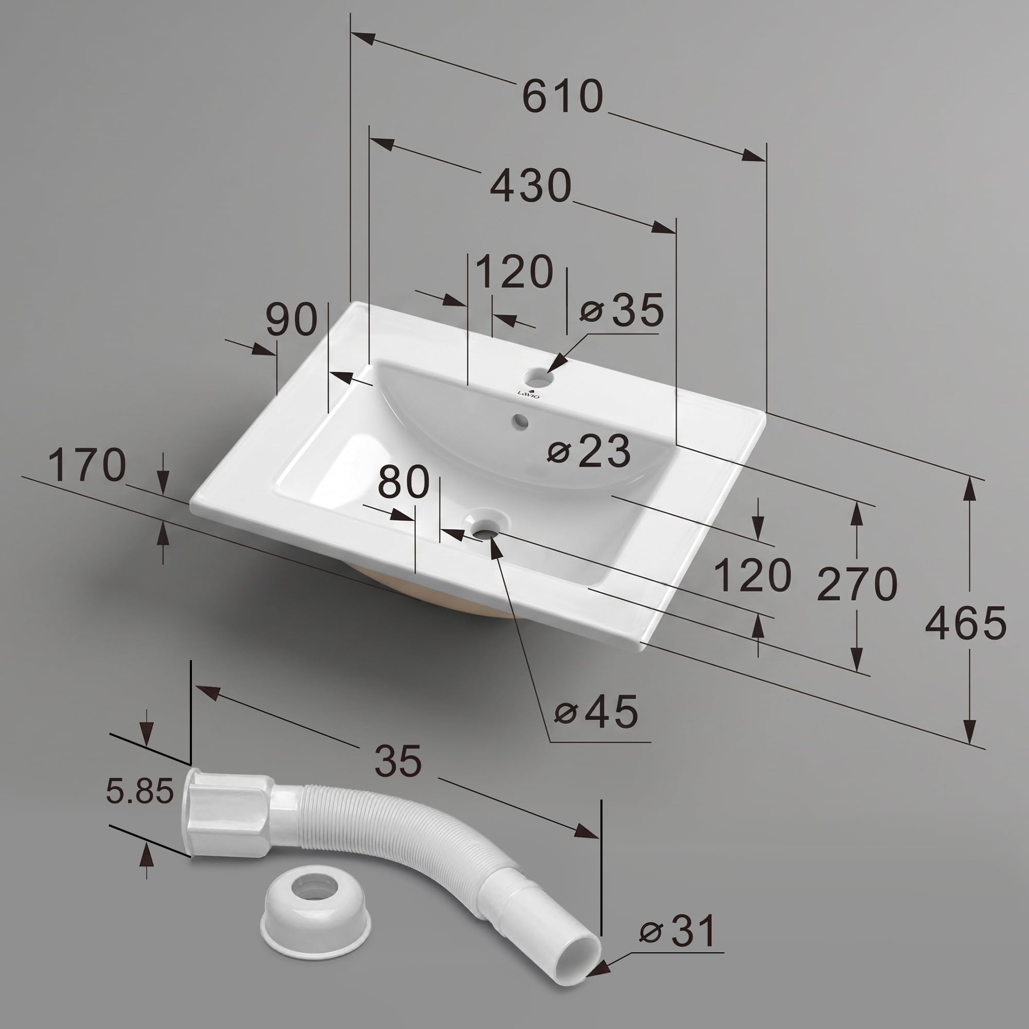 AKORD Lavabo de Cerámica Encastrable NORDIS para Mueble de Baño Rectangular, 61 x 46,5 cm, Blanco brillante