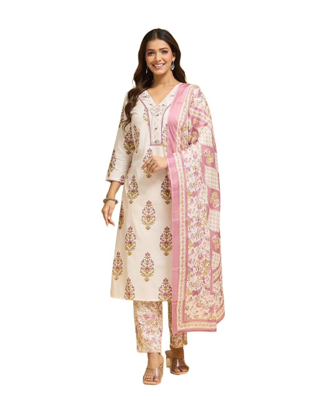 Fabnu By Fabindia Women's Cotton Printed 3Pc Kurta Set | Kurta, Pant & Dupatta-picture-13
