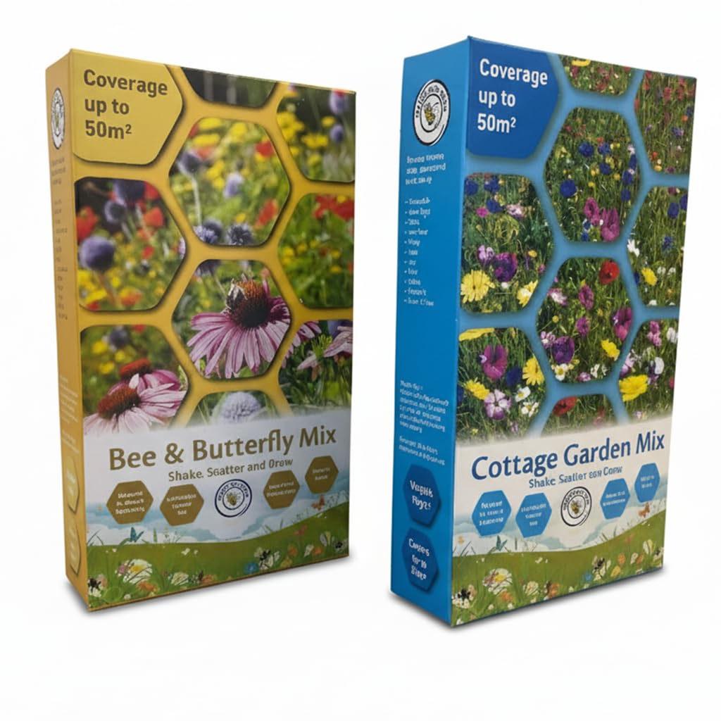 Pretty Wild Seeds Bee & Butterfly/Cottage Garden Mix Boxes | 2x50m2 Twin Pack, 100m2 Coverage | Wildflower Seed Mix Attracts Bees and Butterflies UK Pollinators