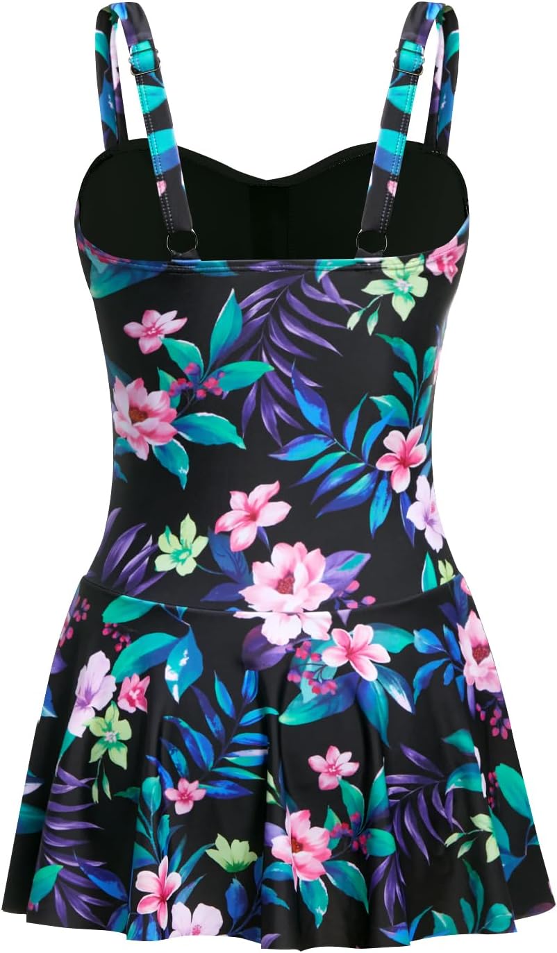 Aqua Eve One Piece Swim Dress Tummy Control Swimsuit with Skirt Modest Bathing Suit Vintage Swimdress