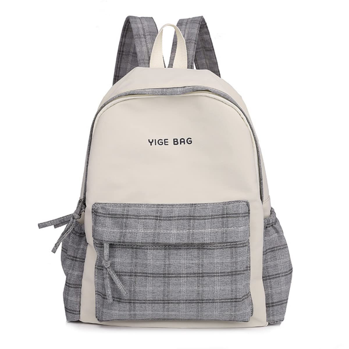 AGGIENMAD Kawaii Plaid Backpack Aesthetic Nylon Daypack Lightweight Schoolbag Large Capacity Bookbag (Grey)