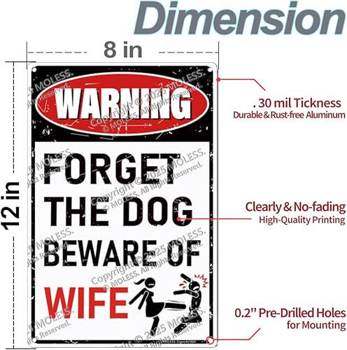 Miniatura 3 de Letrero de cueva de hombre, 12 x 8 pulgadas, letreros divertidos con texto en inglés "WARNING - FORGET THE DOG BEWARE OF WIFE" - Dcoratons de pared