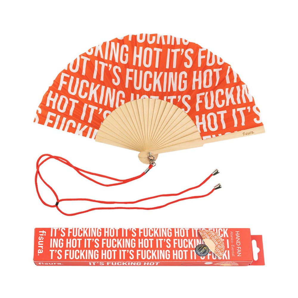 Fisura - Original Handheld Folding Fan with message in english. Funny wooden fan. Original holding Hand Fans. Birthday Gifts Wedding Party Decoration (Hot, black) (Hot, red pattern)