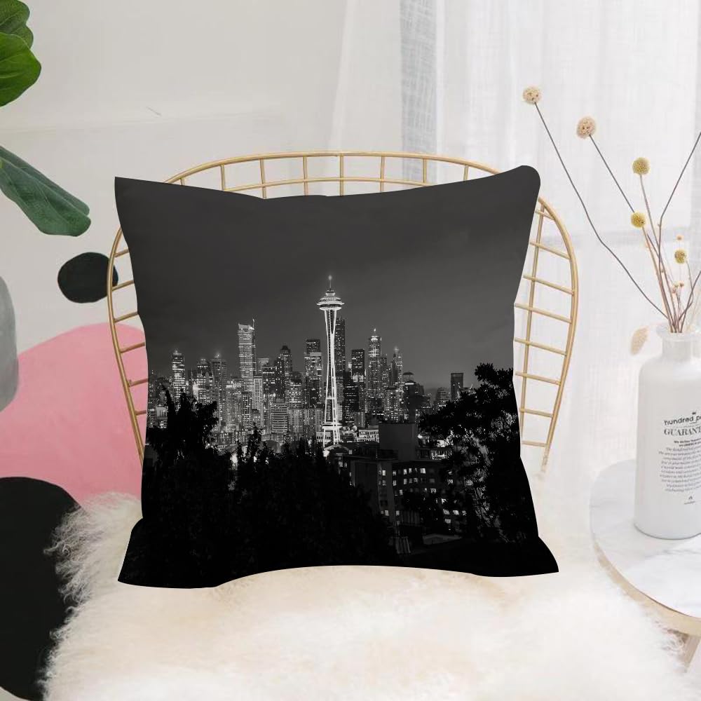 Hyosxw Seattle Skyline, Cityscape With Space Needle - A10 Cushion Cover,Throw Pillow Case Home Decorative For Living Room Bedroom Sofa Chair 18X18 Inch,Seattle Skyline, Cityscape With Space Needle In Black And White,Pillowcase 45X45cm