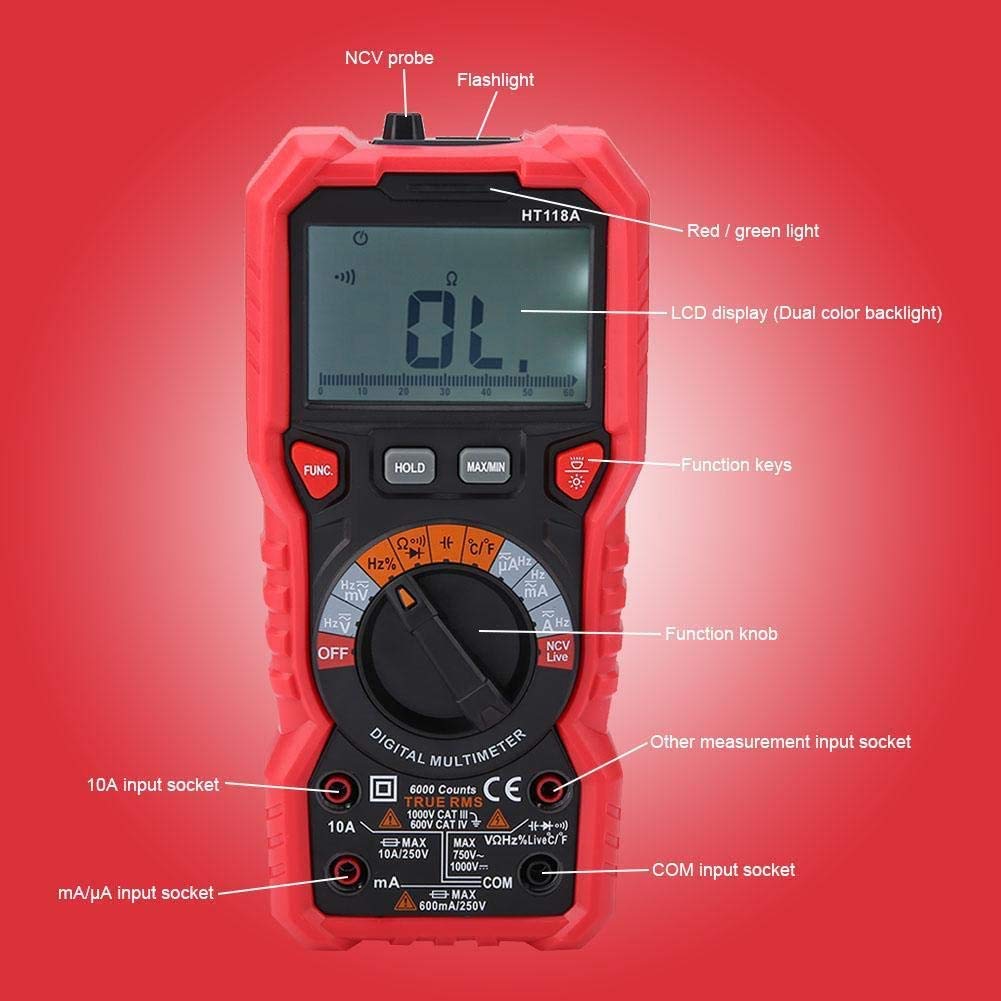 HT118A Handheld Digital Multimeter AC/DC Voltmeter Ammeter Volt Amp Ohm Capacitance Hz Temp Tester with Flashlight