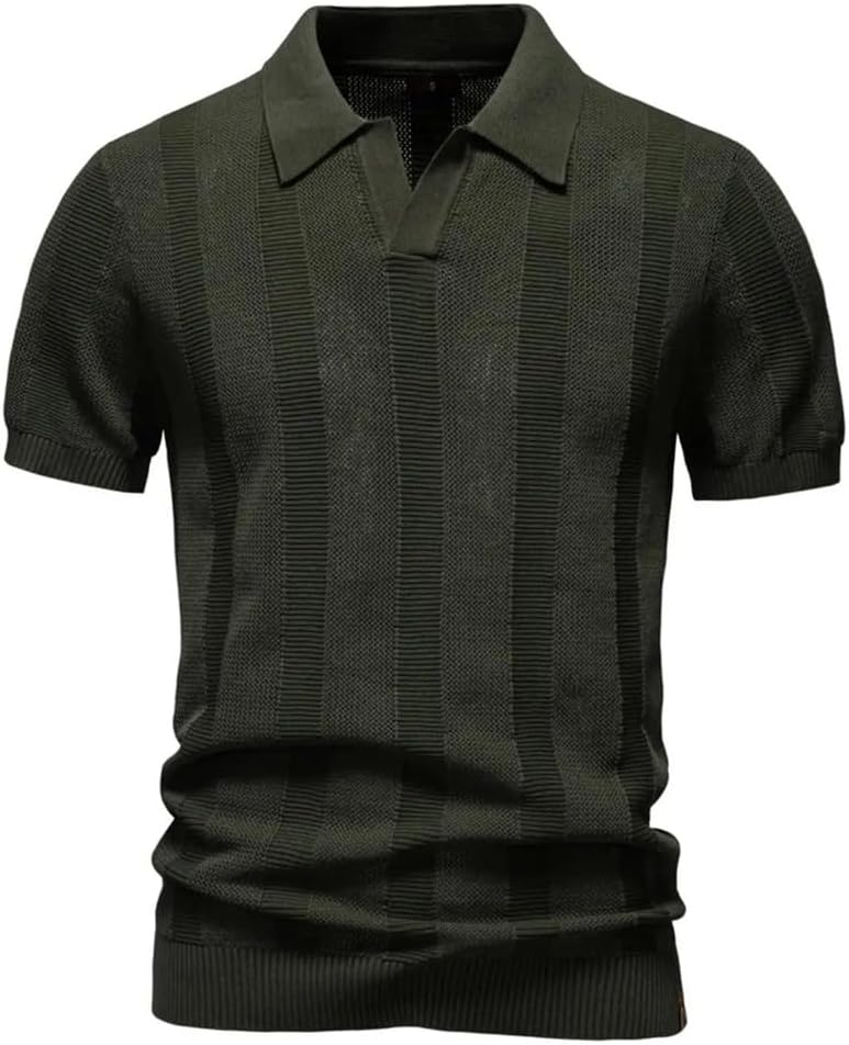 Men's Solid Striped Mesh Polo Shirt Breathable Lapel Knitted Casual Top