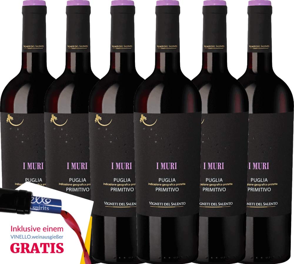Farnese Vini 6er Paket - Muri Primitivo Puglia IGP 2020 - Vigneti del Salento mit VINELLO.weinausgießer 6 x 0,75 Liter