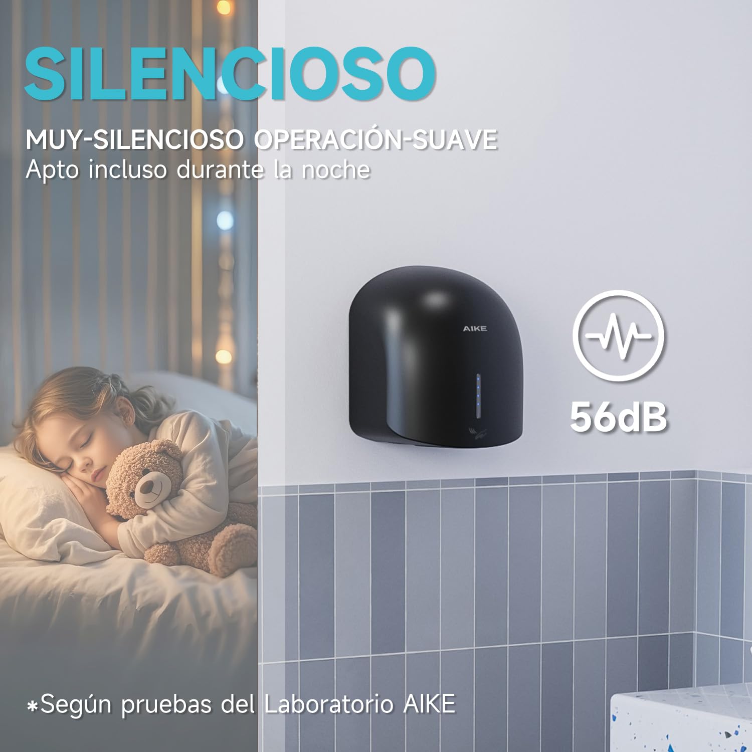 AIKE GentleAir Secamanos Secador de Manos Silencioso, para Hogar & Baños, AC220V-240V, Negro Medianoche