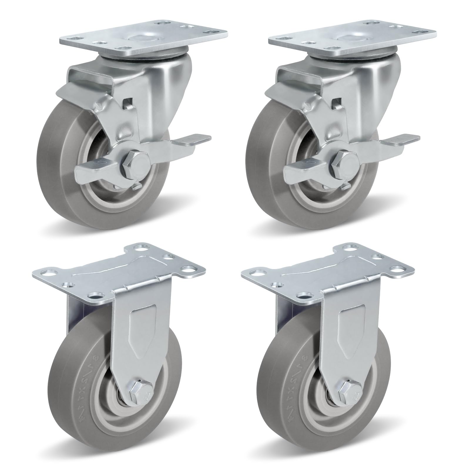 Ruedas resistentes de 8,9 cm con freno, ruedas para carro, muebles, banco de trabajo - Capacidad de carga de 453,6 kg en total (2 frenos y 2 rígidos)