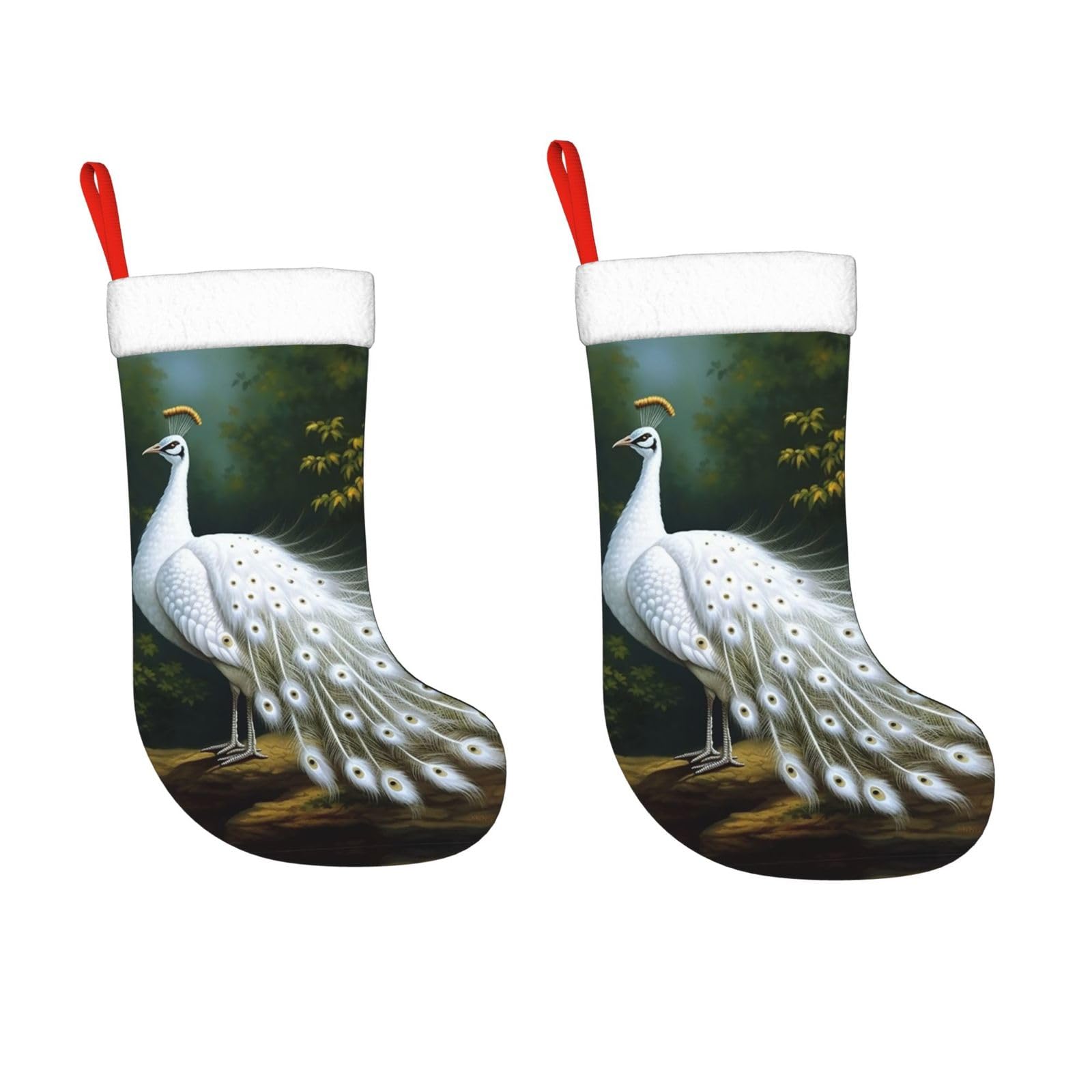 KLOPH 2 Pack 18 Inches Christmas Stockings Personalized White Peacock Xmas Stocking Hanging Decoration Fireplace Stocking for Holiday Xmas Tree Christmas Fireplace Decor Gifts