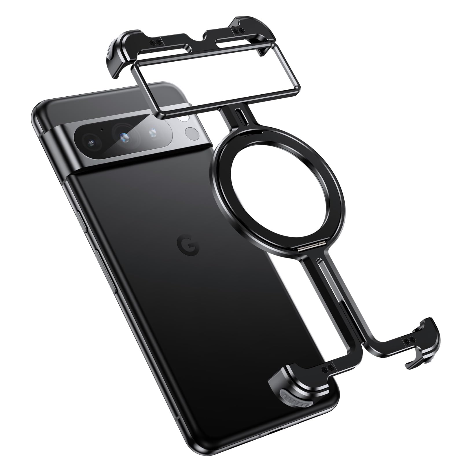 OATSBASF Google Pixel 8 Pro Bumper Case, Magnetic O-Ring Stand, Minimalist Frameless Case, Black