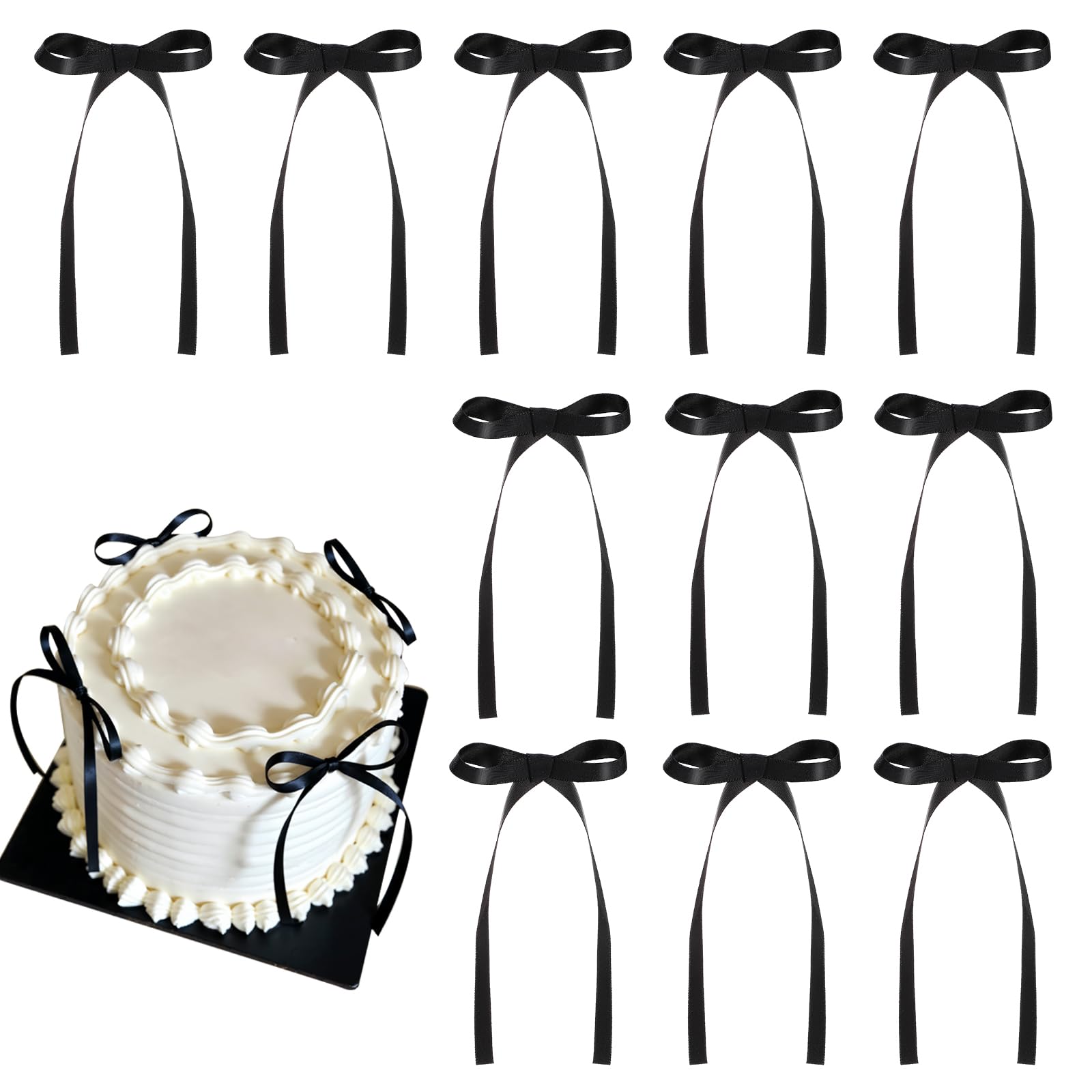 Photo 1 of 30 Pack Bow Cake Toppers Black Ribbon Bows for Cake Coquette Themed Bow Cupcake Toppers Graduation Decoration Bow Birthday Decorations for Baby Shower, Wedding, Engagement, Bachelorette Party