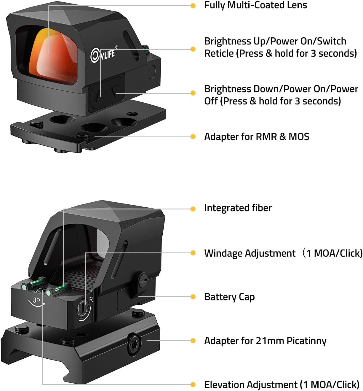 CVLIFE WolfCovert X 3 MOA Dot & 32 MOA Circle Red/Green Dot Sight for RMS RMSc, Motion Awake Fiber Optic Scope for Compact Pistol, 3500G Shockproof Open Reflex Sight with Adapter for RMR/MOS/Picatinny