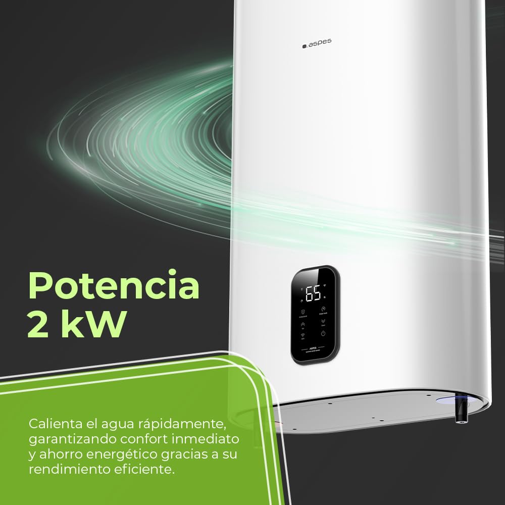 Aspes Termo Eléctrico 50 Litros, AT5000DDW. 2000W, Kit de Montaje Incluido, Resistencia Acero Esmaltado, Termostato Digital, Temperatura Máx 93 º, Blanco, Eficiencia Energética Clase B