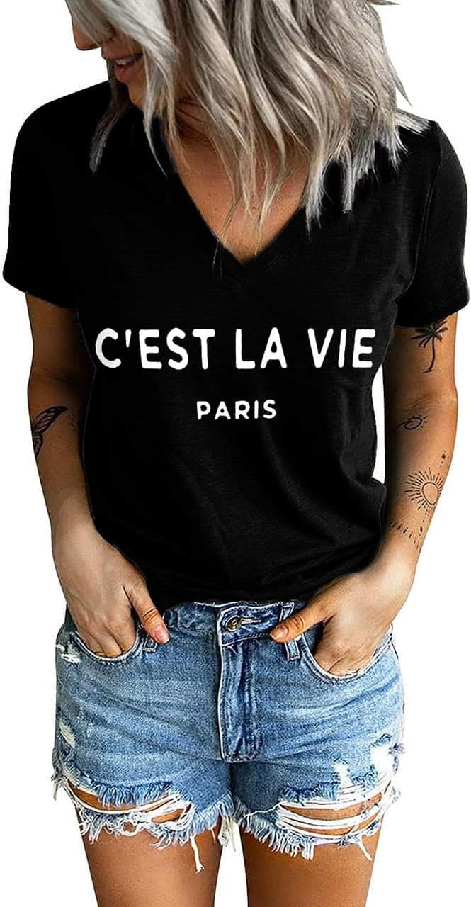 C'est La Vie Paris Quote Graphic Tee V Neck Summer Cute Trendy Short Sleeve Tshirt Shirts for Women Vacation