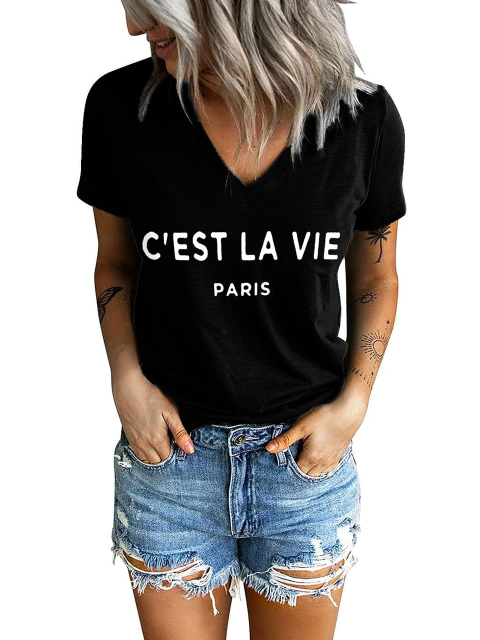C'est La Vie Paris Quote Graphic Tee V Neck Summer Cute Trendy Short Sleeve Tshirt Shirts for Women Vacation